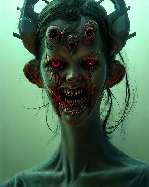 Image similar to d. va from overwatch, character portrait, portrait, close up, concept art, intricate details, highly detailed, horror poster, horror, vintage horror art, realistic, terrifying, in the style of michael whelan, beksinski, and gustave dore