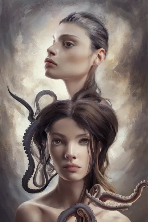 Prompt: a professional painting of a beautiful woman, with an octopus for a tongue, olive skin, long dark hair, beautiful bone structure, symmetrical facial features, intricate, elegant, digital painting, concept art, smooth, sharp focus, illustration, from Metal Gear, by Ruan Jia and Mandy Jurgens and Artgerm and William-Adolphe Bouguerea