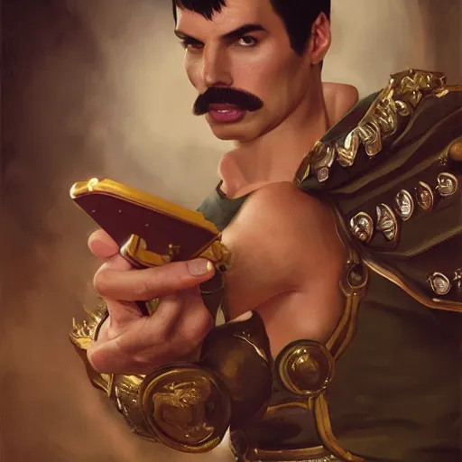 Image similar to portrait of freddie mercury playing mario after hitting the gym for one year, fantasy, intricate, elegant, highly detailed, digital painting, artstation, concept art, matte, sharp focus, illustration, art by aenaluck and roberto ferri and greg rutkowski, digital painting