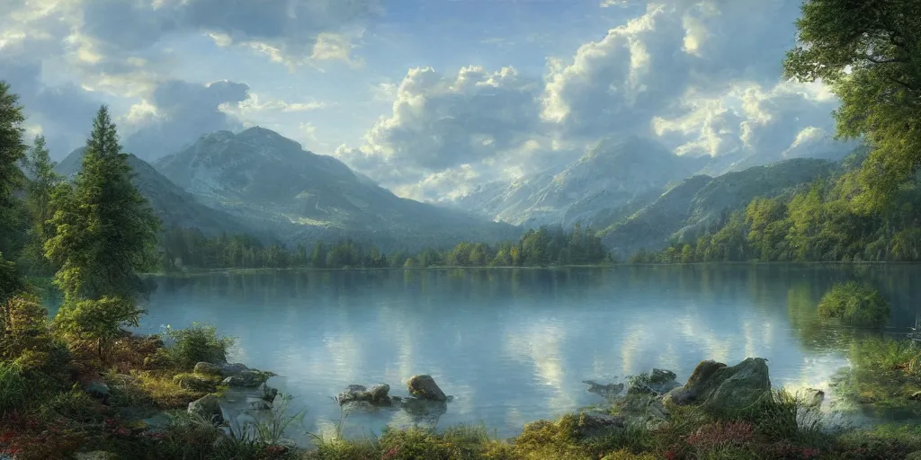 Image similar to a beautiful lake landscape in summer, by Ernest deutsch + Ted Nasmith, cinematic lighting, masterpiece, highly detailed, 8k resolution, trending on art station