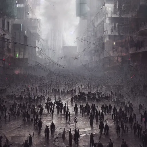 Image similar to hordes of drone-like people aimlessly walking around a depressing dystopian cityscape , trending on artststion, hyper realistic, surreal, melancholic, 8k, upscaled