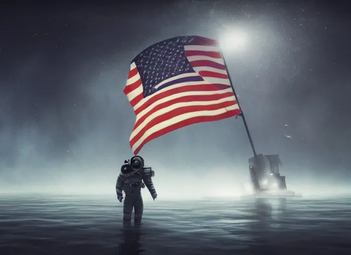 Image similar to astronaut holding a flag in an underwater desert. a submarine is visible in the distance. dark, concept art, cinematic, dramatic, atmospheric, 8 k, trending on artstation, blue, fish, low visibility, light rays, extremely coherent, bubbles, fog, ocean floor, christopher nolan, interstellar