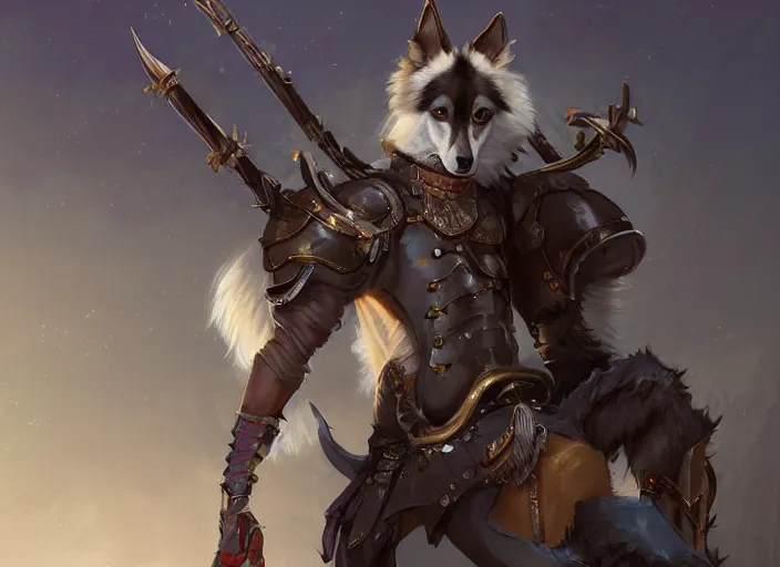 Image similar to wide angle beautiful full body portrait of a cute male anthropomorphic anthro border collie fursona wearing a warrior outfit in wal - mart, character design by charlie bowater, henry asencio, and ross tran, disney, scenic background, detailed, glamor pose, aesthetic, trending on artstation, furaffinity, deviantart