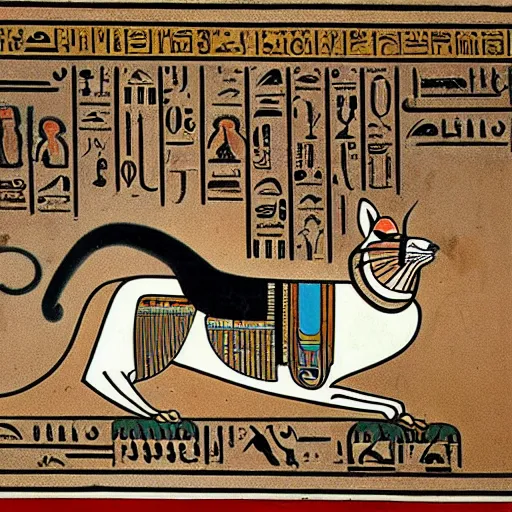 Image similar to a painting of an ancient egyptian hieroglyphic tablet depicting a a cute cat by moebius