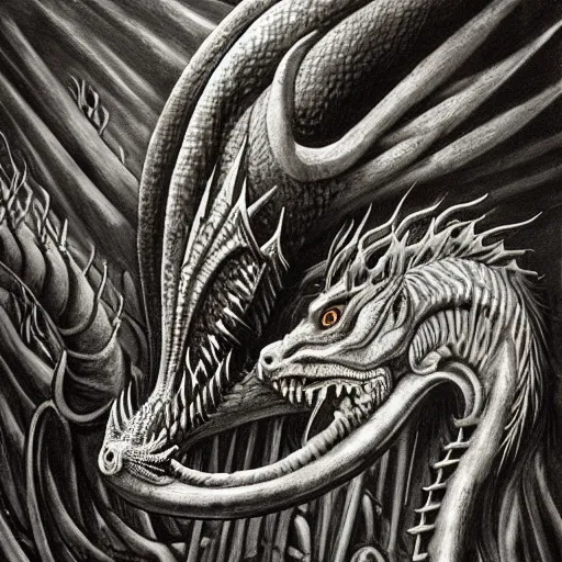 Prompt: a portrait of a dark music dragon, detailed, fantasy, scary, realistic, frightening, ornate, horns, spikes, incredible, masterpiece, amazing, wow!, sense of awe, award winning, greg rutowski, bosch, mc escher, dali