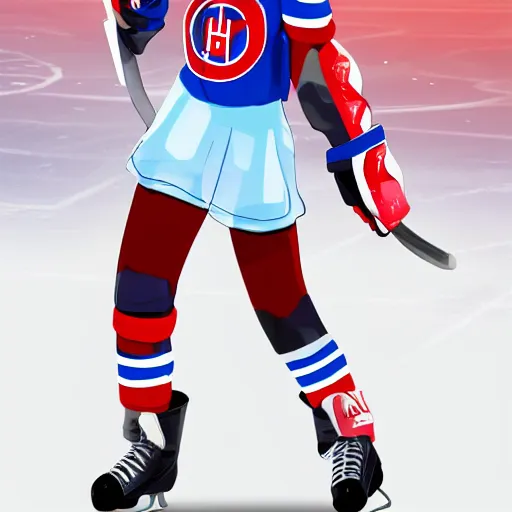 Image similar to cute anime girl ice hockey player, wearing a light futuristic habs jersey, blue white and red color blocking, character concept exploration, akira, ghost in the shell, outfit designs, trending on artstation, photorealistic, 8k