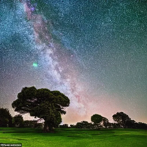 Image similar to An emerald green meadow filled with ancient structures with a cosmic sky full of stars and swirling lights