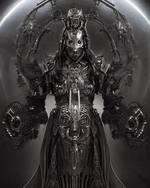 Prompt: a dark sci fi matte painting portrait of a futuristic shadow priest wearing a massive ornate headdress made of realistic metal performing a death ritual, art deco metal shapes, cinematic lighting, rim light smooth, sci fi horror, unreal engine, octane render, by blizzard studios, diablo 4, golden rule, action shot, fog volumes, evil glow, cgsociety