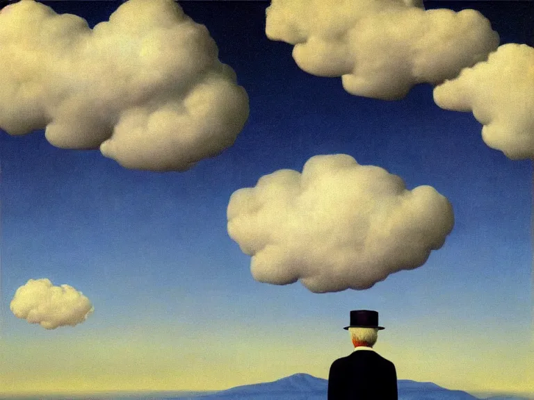 Prompt: man hidden behind cloud, painting by rene magritte, high detail, high resolution
