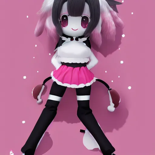 Prompt: cute fumo plush of a popstar wolf girl, anime girl, idol, tomboy, artstation, bubblegum pop, black and white, snowing, canine, v sign, vray