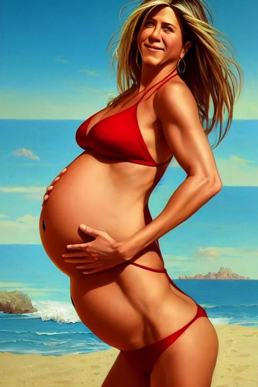 Image similar to pregnant jennifer aniston in a red bikini, realistic portrait, symmetrical, highly detailed, digital painting, artstation, concept art, smooth, sharp focus, illustration, cinematic lighting, art by artgerm and greg rutkowski and alphonse mucha