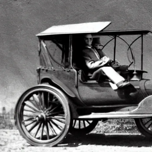 Prompt: a time traveler from 2022 driving around a sports car in the 1800s, realistic old photo