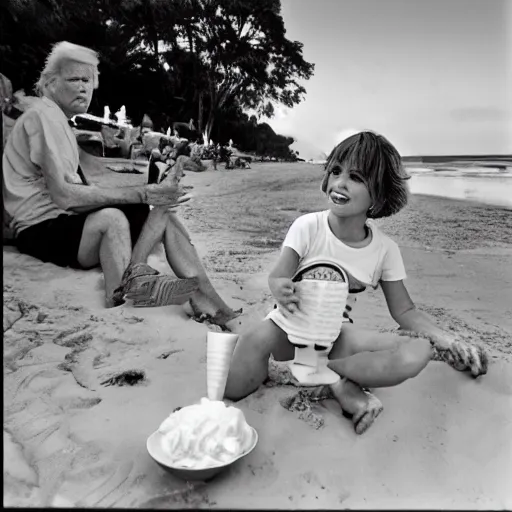 Prompt: Donald trump is having ice cream at the beach by sally mann