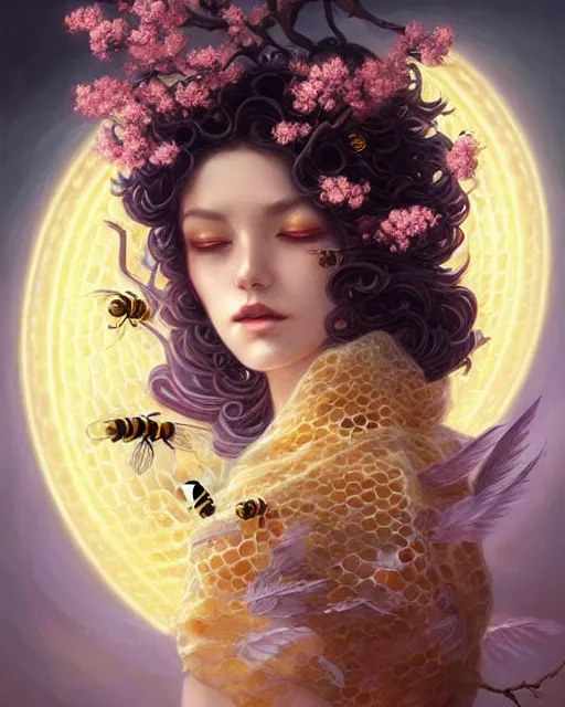 Prompt: Beautiful beekeeper woman portrait wrapped in honeycomb silk feathers, bees, sakura storm, swirling flowers, radiant halo of light, artgerm, peter mohrbacher