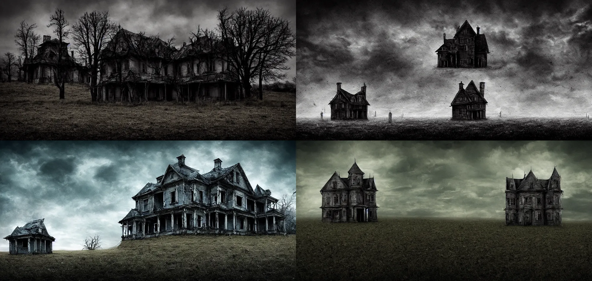 Prompt: house of horrors on a barren field, dark fantasy, horror, terror