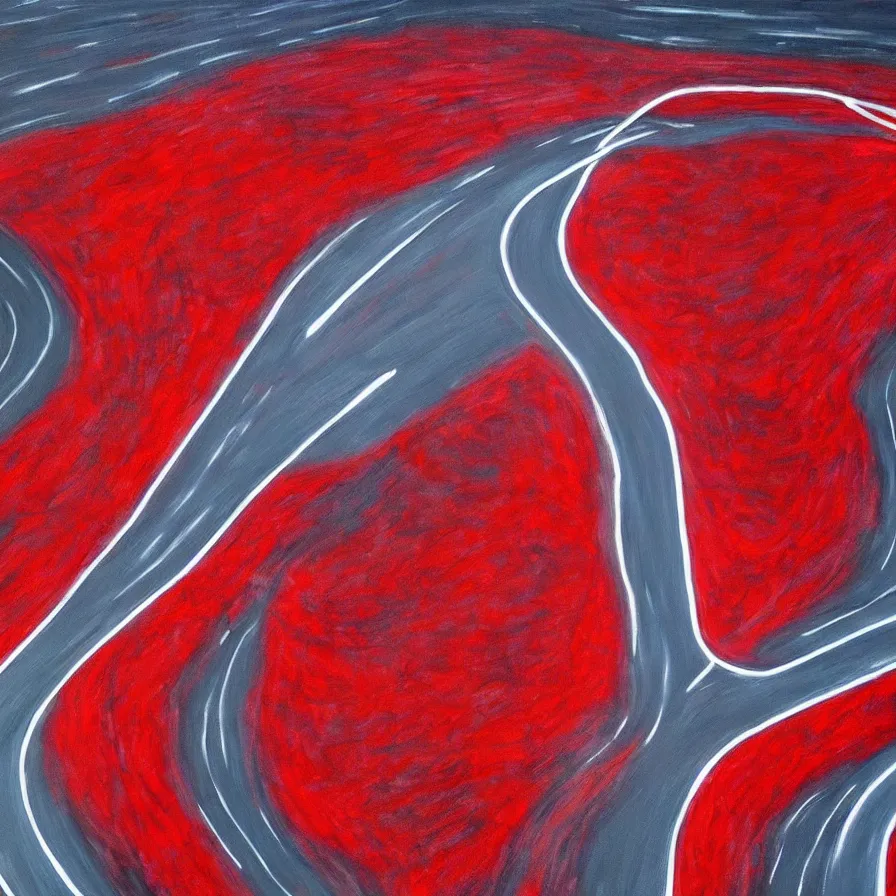 Image similar to painting of highway roads that are like blood arteries leading to the heart's core.