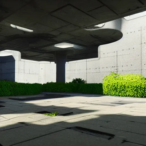 Image similar to screenshot of game on unreal engine 5, in a liminal underground garden, photorealistic, retrofuturism, brutalism, staggered terraces, minimalist, soft vintage glow