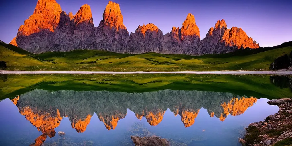 Prompt: extremely beautiful alpine scenery at night with milkaway, dolomites, calm lake in foreground, by peter lik