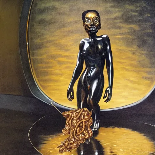 Prompt: dark green steamy hi-tech sci-fi lab at night, realistic gustave coubert painting of black onyx skin woman with beautiful face dressed in rags exposed guts crawling in two legs and dripping golden metalic fluid from intestine into a puddle of golden liquid on the floor.