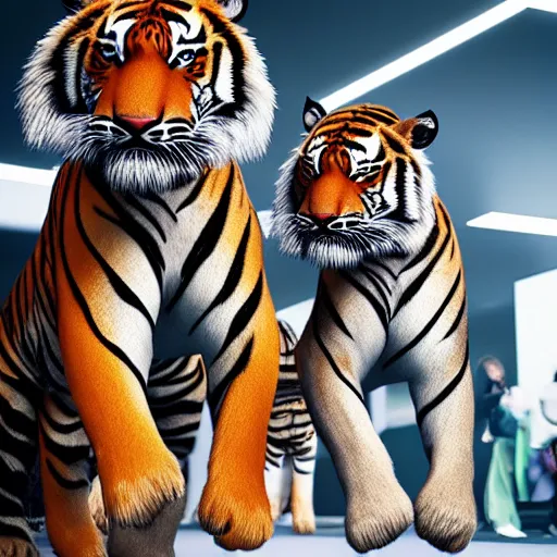 Prompt: tigers wearing designer clothes posing on a catwalk, cinematic, 8 k, hyperrealistic details