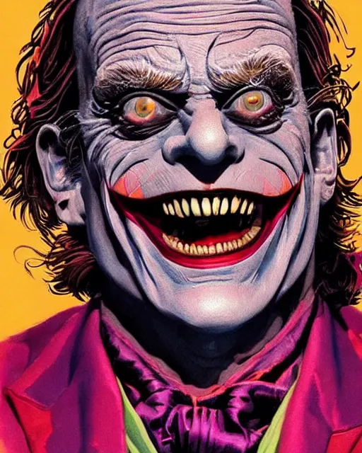 Prompt: christopher lloyd as the joker, big smile, grotesque, horror, high details, bright colors, striking, intricate details, by vincent di fate, artgerm julie bell beeple, 1 9 8 0 s, inking, vintage 8 0 s print, screen print