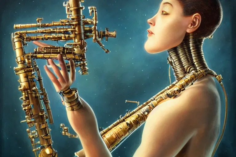 Image similar to a beautiful ultradetailed vintage photo of cyborg playing an oboe, by tom bagshaw and anna dittman, portrait, vignette, 3 5 mm lens, golden ratio composition, detailed face, studio photography, very detailed, humanoid, industrial robot, artstation, 8 k, highly coherent