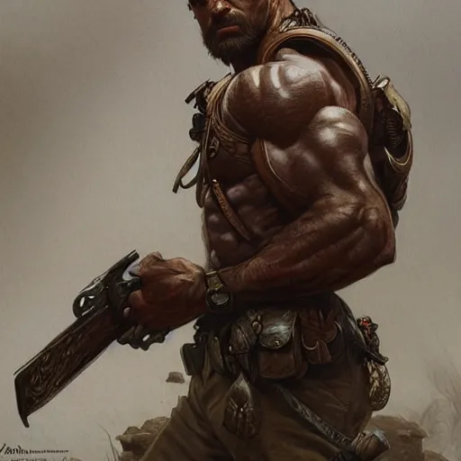 Image similar to portrait of a rugged ranger, muscular, upper body, blood, D&D, fantasy, intricate, elegant, highly detailed, digital painting, artstation, concept art, smooth, sharp focus, illustration, art by artgerm and greg rutkowski and alphonse mucha