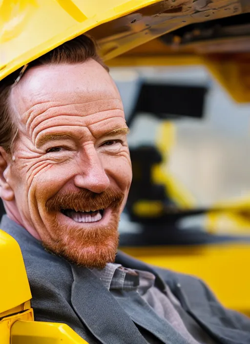 Image similar to closeup portrait of cheerful bryan cranston operating a crane, sitting in a crane, yellow hardhat, sitting in a crane, natural light, bloom, detailed face, magazine, press, photo, steve mccurry, david lazar, canon, nikon, focus