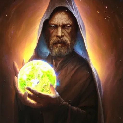 Image similar to the creator of worlds wearing a cloak and holding a holographic planet projection in his hand, detailed, sci - fi, digital painting, artstation, sharp focus, illustration, ominous, artgerm, tomasz alen kopera, peter mohrbacher, donato giancola, joseph christian leyendecker, wlop, frank frazetta