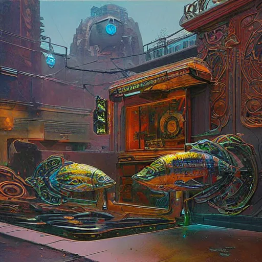 Prompt: painting of syd mead artlilery scifi fish tank with ornate metal work lands on a sidewalk, filigree ornaments, volumetric lights, simon stalenhag, beksinski