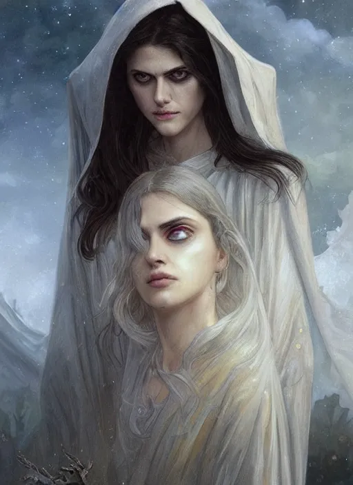 Image similar to Portrait of Alexandra Daddario, white glowing eyes, silver hair, cloak, ethereal wings, female, fantasy, extremely detailed, digital painting, artstation, concept art, smooth, sharp focus, illustration, stunning lighting, art by artgerm and greg rutkowski and alphonse mucha and simon stalenhag, realistic character concept, high fantasy, light atmosphere, golden ratio, cinematic lighting, hyperdetailed, high resolution, insanely detailed and intricate, artstation, Marc Simonetti, Greg Rutkowski, 8k