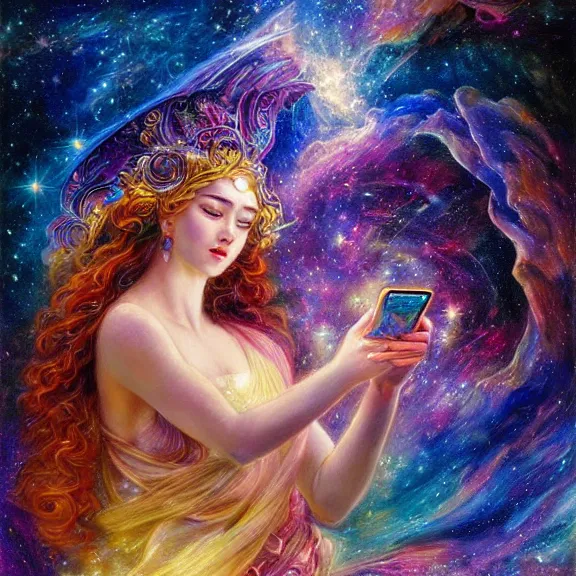 Image similar to a goddess of hubble space telescope images checking her phone, magic realism, art by josephine wall, art by huang guangjian, art by viktoria gavrilenko, art by amanda sage, trending on artstation