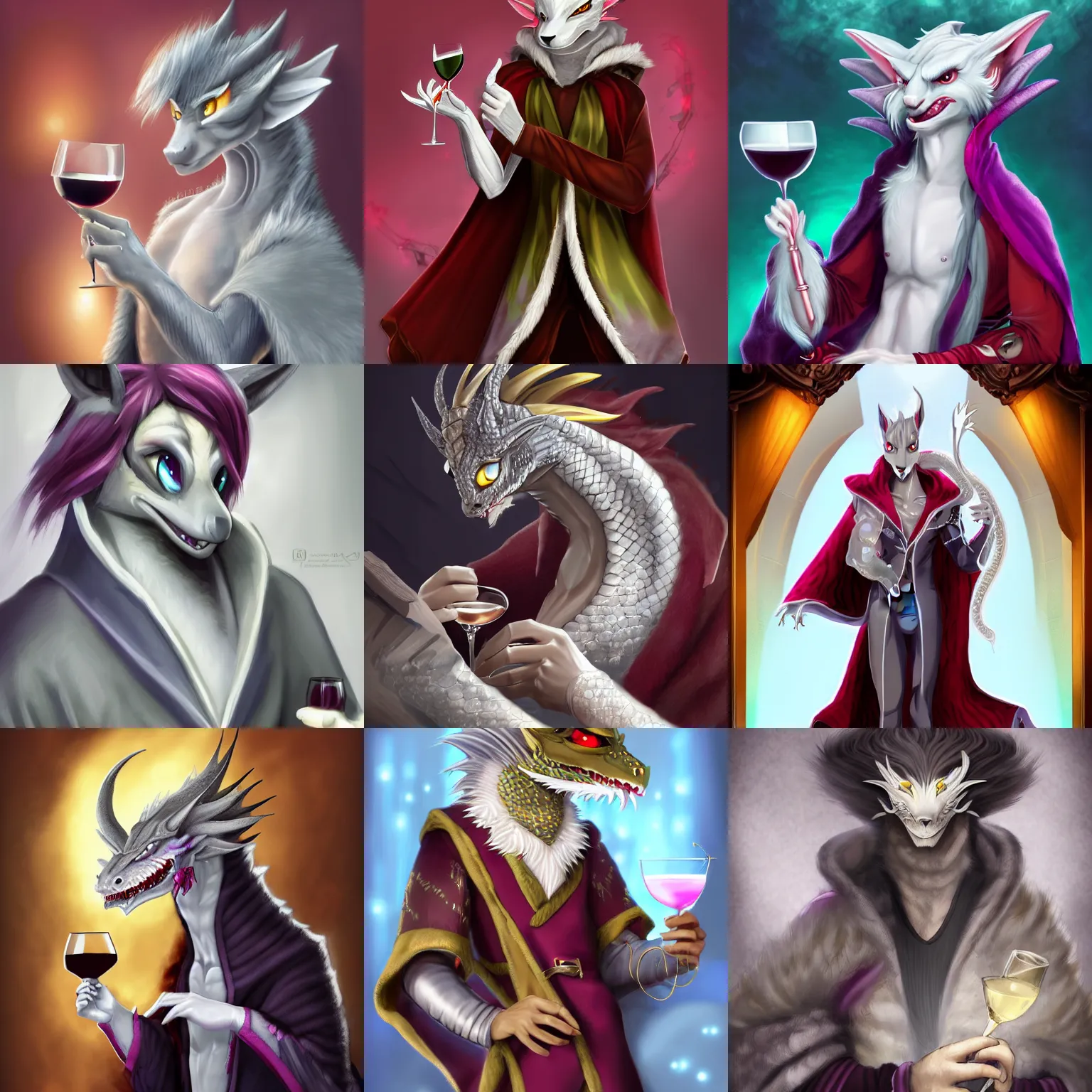 Prompt: very very beautiful male anthro silver dragon, soft delicate draconic features, cute eyes, evil grin, eyelashes, wearing a luxurious velvet robe, holding a glass of wine, commission for, artstation, high quality digital art, warm colors