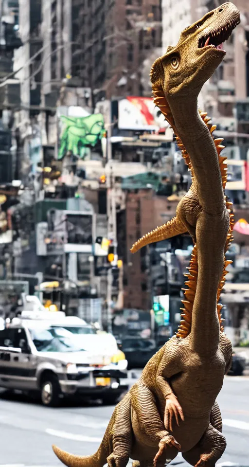 Prompt: a dinosaur lost in manhattan, drinking a coffee and talking on a cell phone