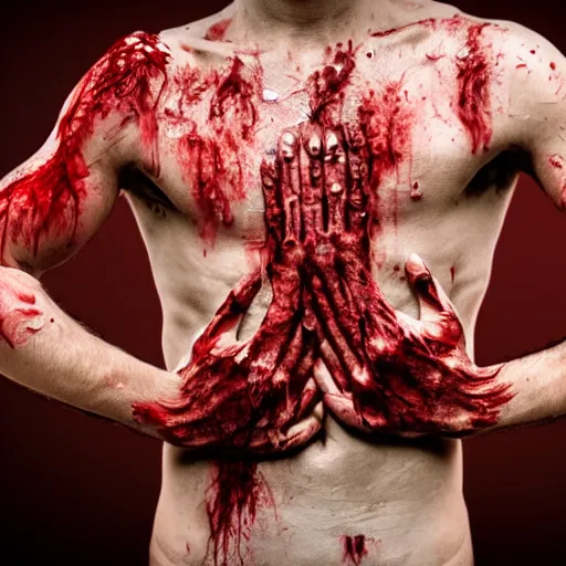 Prompt: ultra detailed photo of a man with many bloody arms covering his entire body