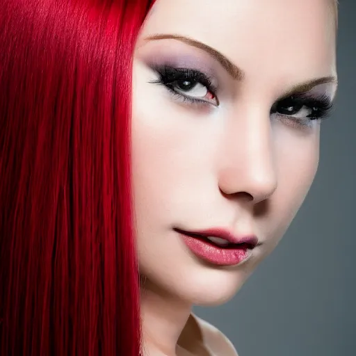 Prompt: Portrait of a young, stunningly beautiful woman with red straight hair on the right half of her head and white straight hair on the left half, award-winning photo, 4k, 8k, studio lighting, Nikon D6, 35mm