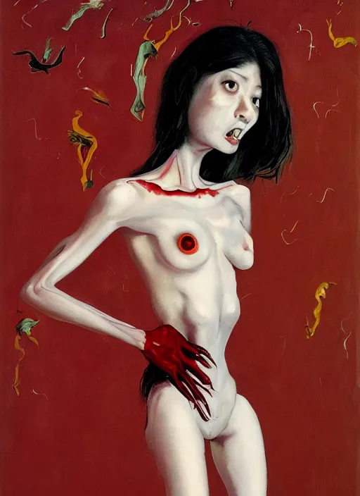 Image similar to stunning asian college girl standing on her knees, frozen cold stare, scream, startled, blood red background, transparent gray skirts, stockings, crows swarming trapped in the void as a symbol of death, in style of surrealism of Francis Bacon painting, Ilya Kuvshinov, John Singer Sargant, impasto textures of Chaim Soutine and Frank Auerbach, American Gothic, Japanese Gothic, strange cinematic light