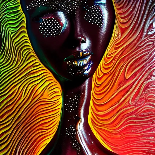 Prompt: female body melting liquid acrylic painting abstract in glass and black latex fluid, hypperrealistic 3 d sculpture, bokeh, long exposure, close up portrait, epic light, clouds, god rays, heaven, art noveau, artistic sketch, voronoi pattern, film still, body paint