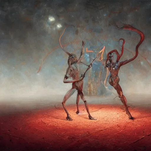 Image similar to two demons dance ballet in hell, surrounded by spheres!!!, beksinski, dariusz zawadzki, very coherent symmetrical artwork. cinematic, hyper realism, high detail, octane render, 8 k