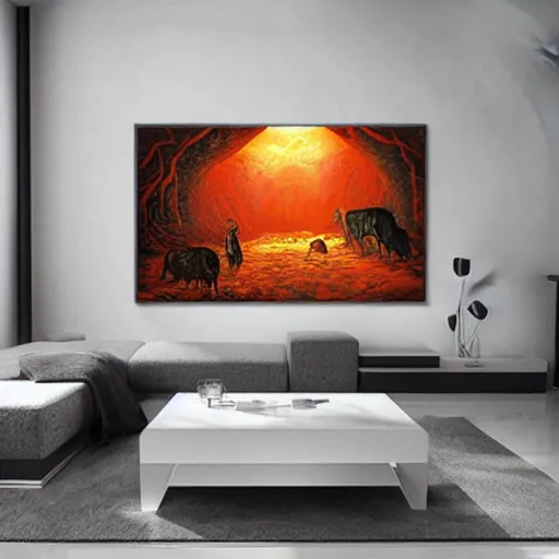 Image similar to : cave art studio with absract painting on the wall high definition 8k hyper-realistic