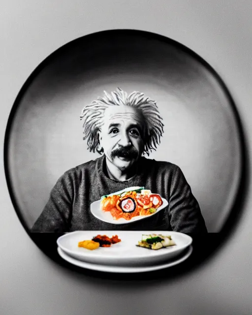 Image similar to a portrait of albert einstein sitting at the dining table with a plate containing sushi in front of him, highly detailed, trending on artstation, bokeh, 9 0 mm, f / 1. 4