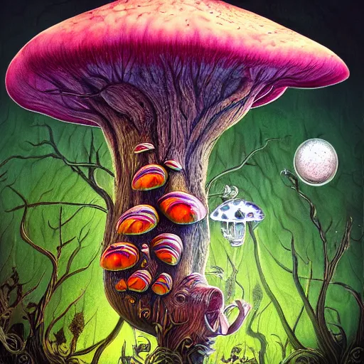 Image similar to dark fantasy, 4 k, textured 3 d, intense detail, psychedelic, alice in wonderland, smoking caterpillar sitting on large mushroom, amazing background, alex grey style