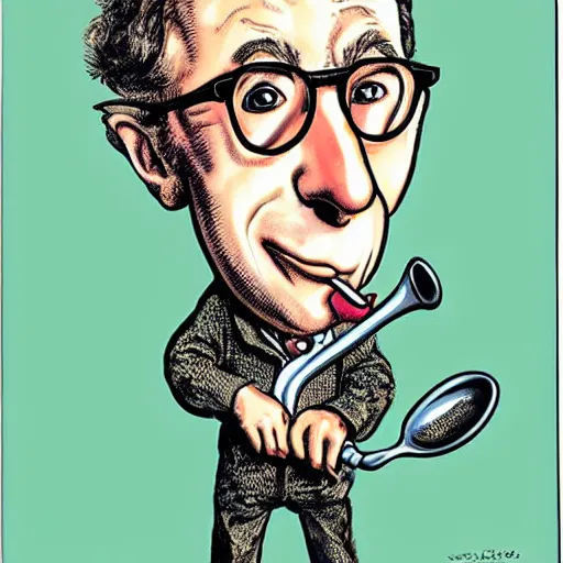 Image similar to woody allen kissing a large spoon, caricature, mad magazine, by mort drucker