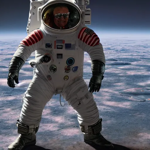 Prompt: elton john in a space suit on mars looking at the destruction of earth, craig mullins