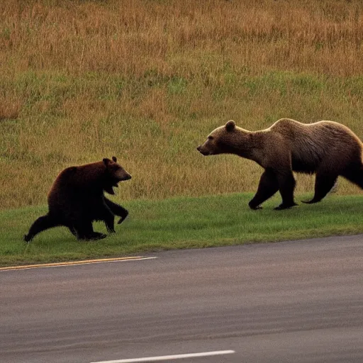 Prompt: a bear chasing a deer, realistic photograph