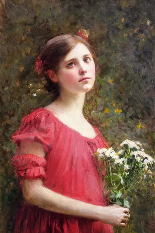 Prompt: Solomon Joseph Solomon and Richard Schmid and Jeremy Lipking victorian genre painting full length portrait painting of a young girl holding a bouquet, red background