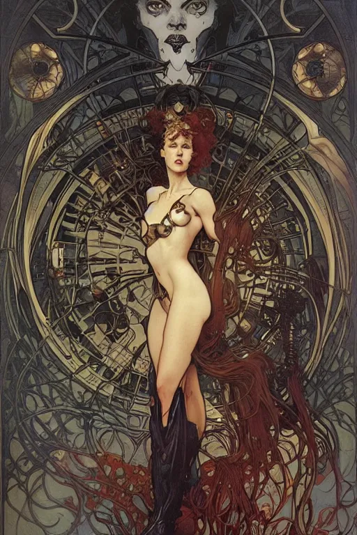 Prompt: evil scientist in his cyberpunk laboratory by Alphonse Mucha, Ayami Kojima, Amano, Charlie Bowater, Karol Bak, Greg Hildebrandt, Jean Delville, and Mark Brooks, Art Nouveau, Neo-Gothic, gothic, rich deep moody colors