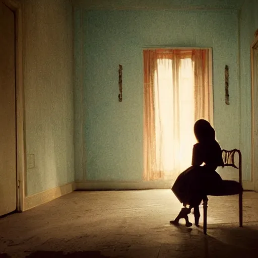 Prompt: a lonely girl in an haunted liminal abandoned room, film still by wes anderson, depicted by balthus, limited color palette, very intricate, art nouveau, highly detailed, lights by hopper, soft pastel colors