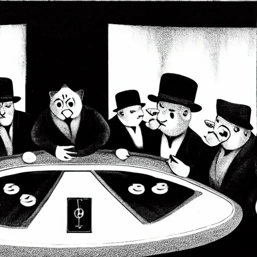 Image similar to fat mobster cats gambling at a table with a single light overhead, dark room, smoke fills the room, american art style