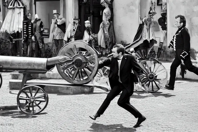 Image similar to portrait of emmanuel macron dressed as napoleon dragging a cannon in the street, natural light, sharp, detailed face, magazine, press, photo, steve mccurry, david lazar, canon, nikon, focus